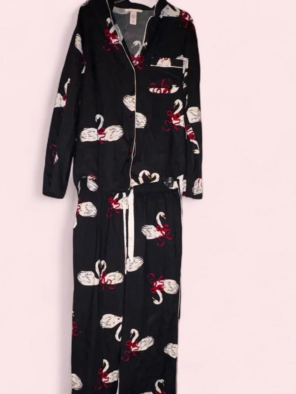 Victoria's Secret Black Swan Print Pajama Set with Red Accents